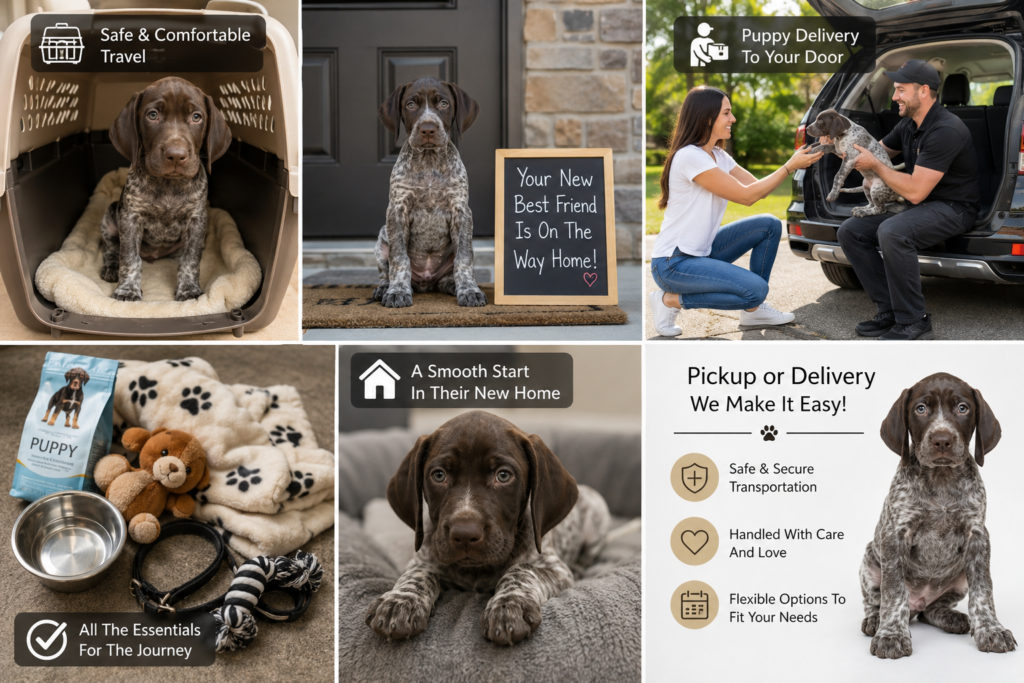 German Shorthaired Pointer puppy delivery and pickup with safe travel supplies